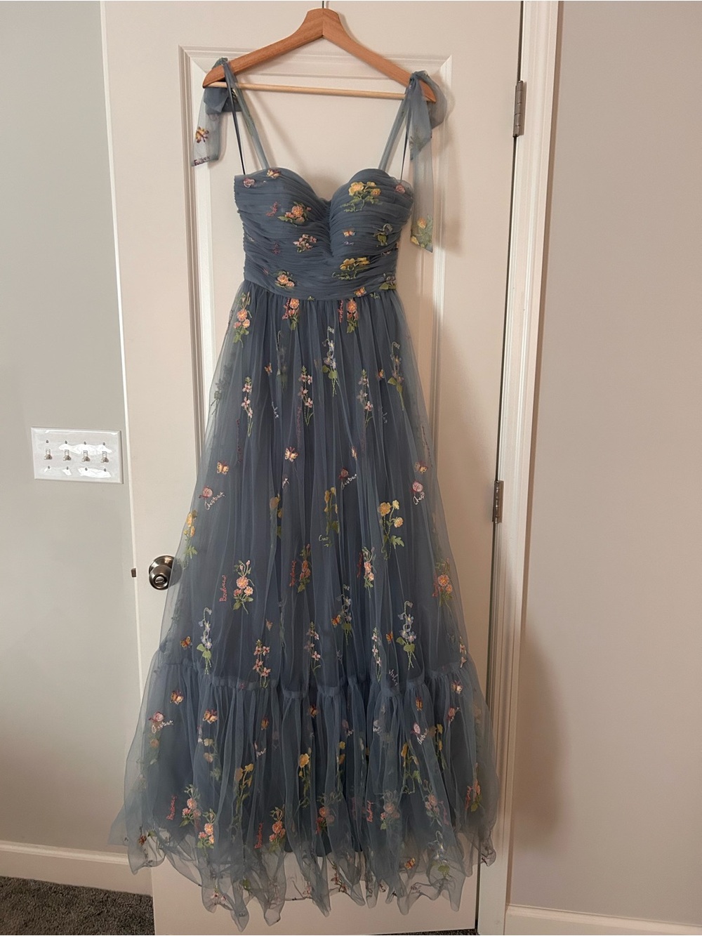 Dusty Blue Floral Embroidered Tulle Maxi Dress with Tie Straps